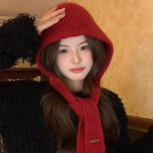 新款帽子女款秋冬季保暖护耳毛线帽围巾连体设计细长条羊毛针织帽