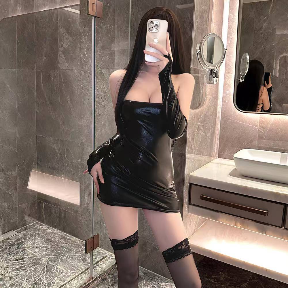Strapless Patent Leather Jumpsuit Costume with Arm Sleeves, One Size — detail image 2