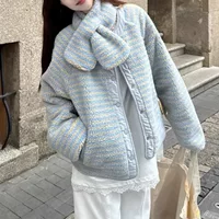 Ощущение дизайна Носите хлопчатобумажную куртку с обеих сторон женского зимнего толстого свободного теплого круглого выреза Корейская хлебная одежда синяя хлопчатобумажная одежда