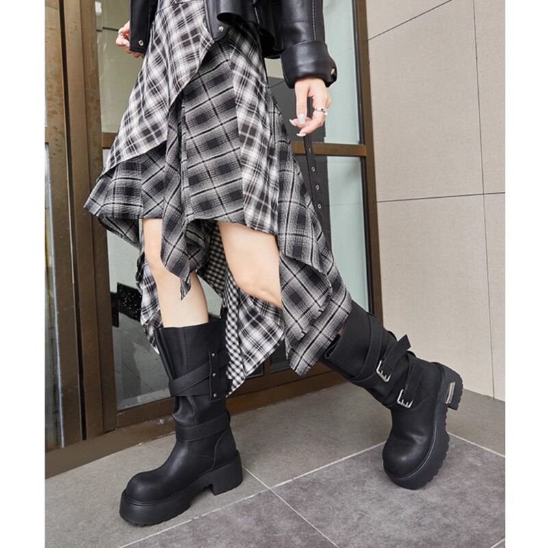 【王小毒】毒液靴●增高6cm~朋克机车靴女粗跟复古中筒西部骑士靴|undefined