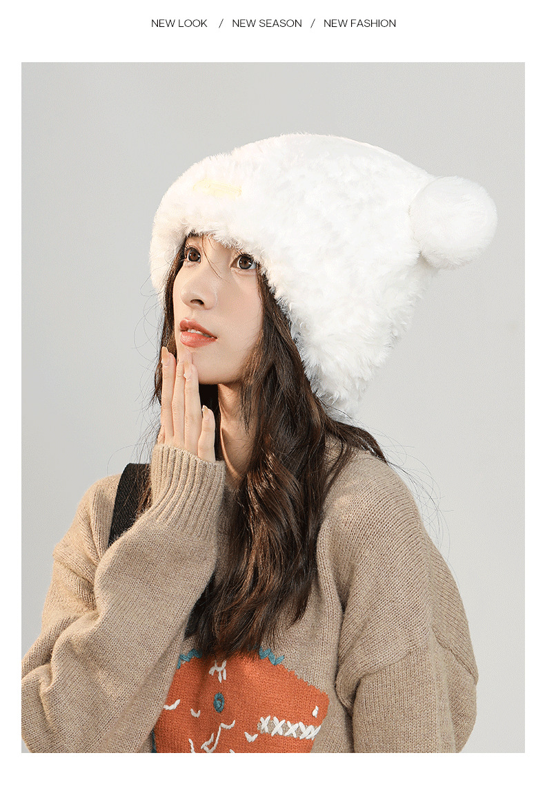 Herbst- und Wintermützen für Damen, süße Fleece-Wintermütze, verdickter warmer Gesichtshut, kleine kältebeständige Plüsch-Strickmütze aus Wolle_voghion.com