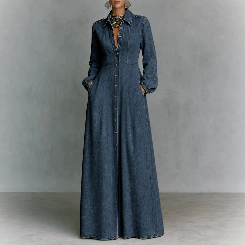 2026 Cross-border European and American minimalist style slim-fit waist-cinching long-sleeve denim dress with a large hemline 2026 Cross-border European and American minimalist style slim-fit waist-cinching long-sleeve denim dress with a large hemline