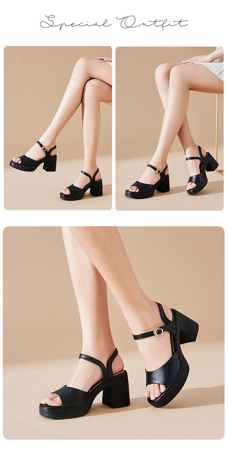 Sandal cao gót nữ quai ngang da thật đế dày chống thấm — Màu đen chi tiết 26