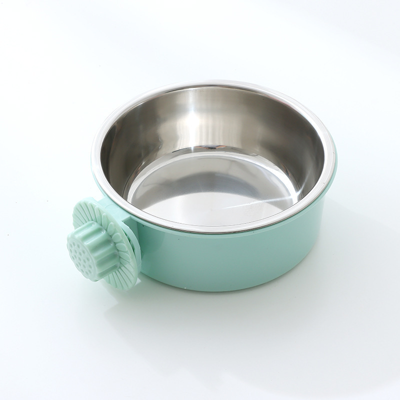 En stock al por mayor anti-golpe fijo colgante perro tazón de acero inoxidable bebedero para jaula de perro dos en uno Pet Bowl