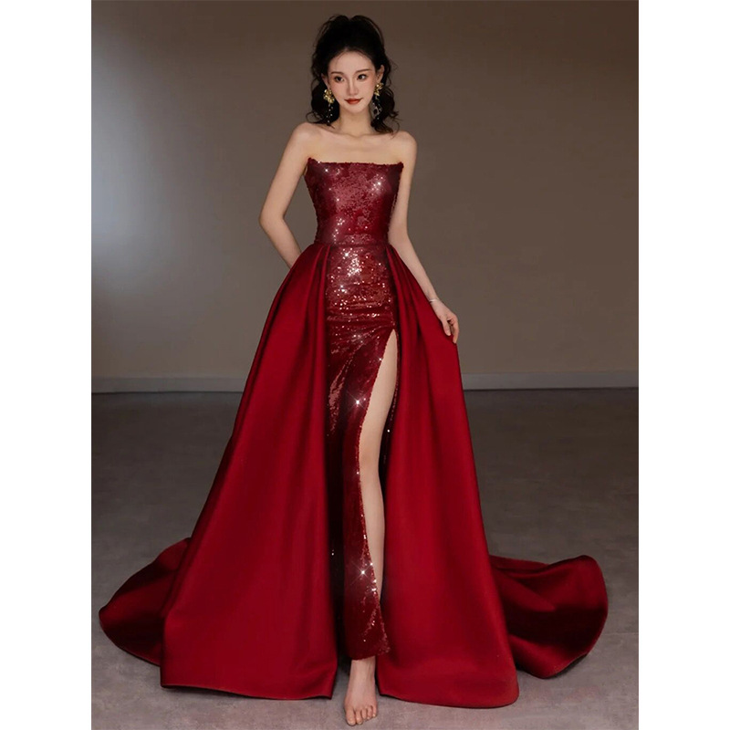 Womens Gown One Shoulder Strapless Wine Red Sequin Dress Evening Slit Long  Dress | eBay