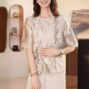2024 Summer New Young Mother Lace Chiffon Shirt Loose Korean-style Middle-aged and Elderly T-shirt Top Internet Celebrity