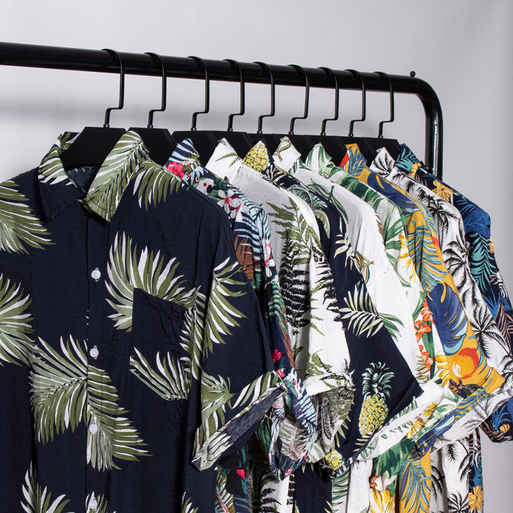 New Men's beach shirt surfing coconut tree short-sleeved floral shirt cotton and linen seaside Hawaiian loose printed shirt New Men's beach shirt surfing coconut tree short-sleeved floral shirt cotton and linen seaside Hawaiian loose printed shirt