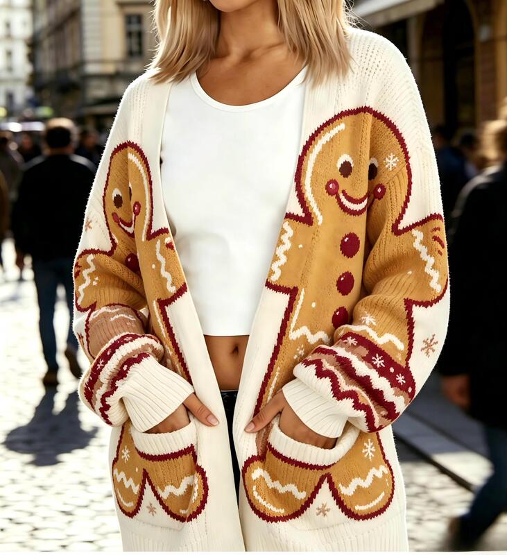 Amazon Temu cross-border women's clothing digital print knitted cardigan, casual style, drop-shoulder loose sweater jacket, European and American style Amazon Temu cross-border women's clothing digital print knitted cardigan, casual style, drop-shoulder loose sweater jacket, European and American style