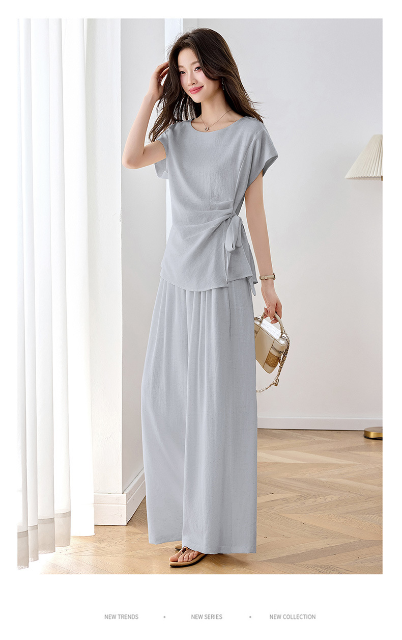 Bộ áo thun cổ tròn nơ buộc kết hợp quần ống rộng nữ 2 món — xanh lam, màu kaki, màu trắng ngà chi tiết 21