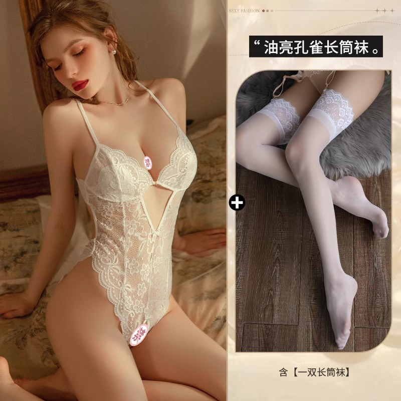 프렌치 레이스 크로치 점프수트 ◆ 흰색 + 반짝이는 공작 스타킹