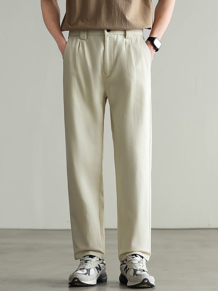 【リヨセル・テンセル＆コットン】ドレープ感のあるストレートカジュアルパンツ メンズ 2026春 通勤 カーキ色 ワイドパンツ