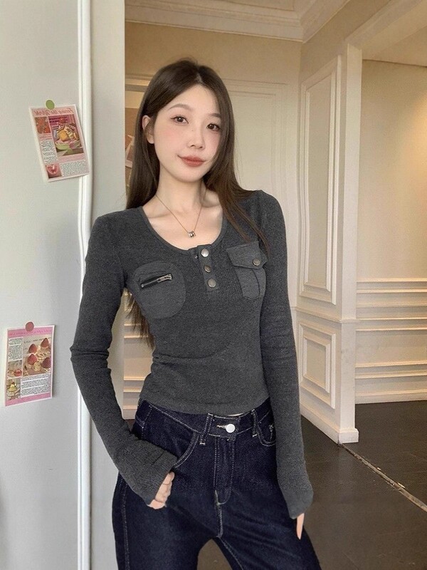 韩版v领金属扣拉链口袋设计打底衫长袖女酷辣美式修身锁骨短上衣|undefined