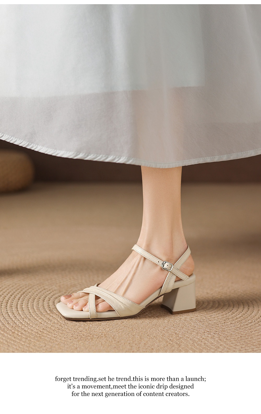 Sandal nữ hở mũi đầu vuông da dê gót thô 5 cm size lớn 40–43 — màu be chi tiết 14