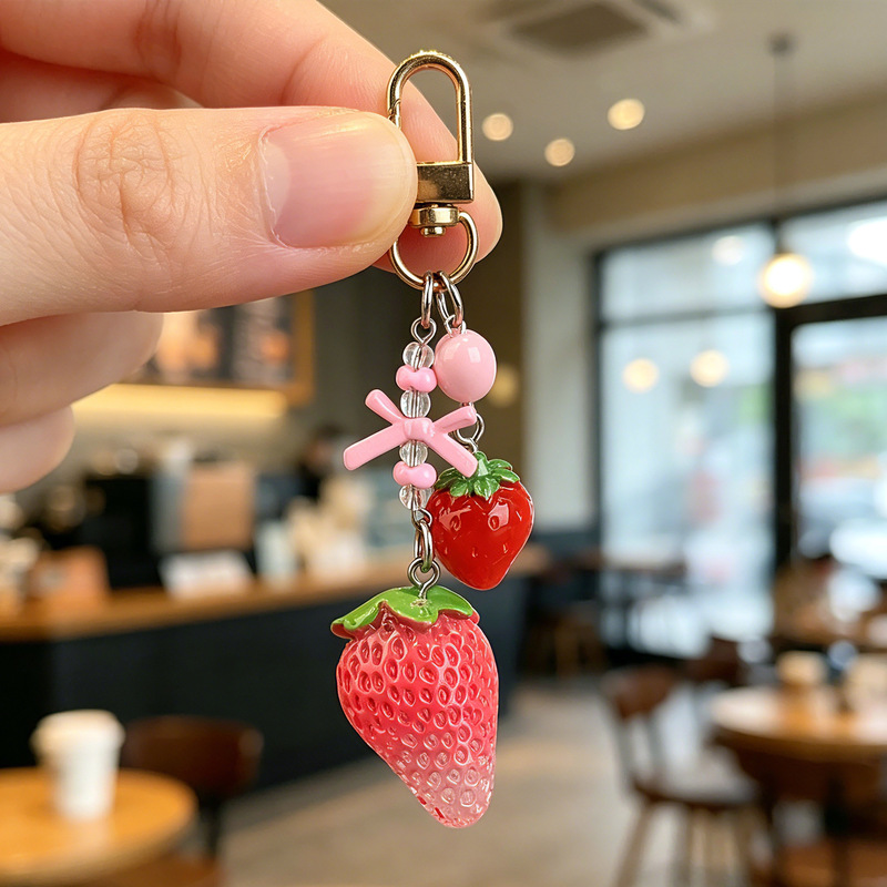 Creative Glittery Transparent Strawberry Resin Pendant Cute Realistic Keychain Bag Accessory Gift for Best Friend Wholesale