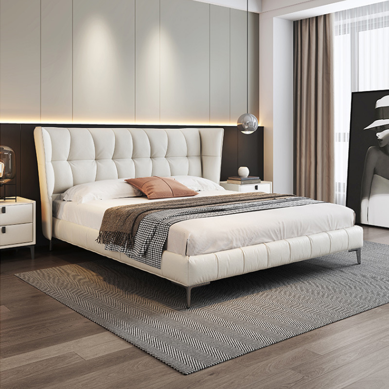 Cama muscular italiana minimalista B & B husk cama principal lujosa cama doble de cuero de vaca moderna y simple cama de matrimonio de alta gama