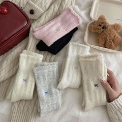 冬季襪子女中筒澳絨水貂加厚蝴蝶結堆堆襪甜美保暖鬆口睡覺月子襪