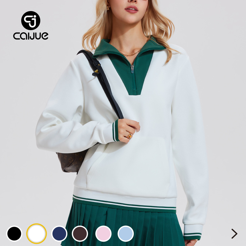 Cross-Border Amazon American-Style Sweatshirt for Women, Sporty, High-End, Autumn and Winter Retro Patchwork Lapel Long-Sleeved Casual Sweatshirt for Women