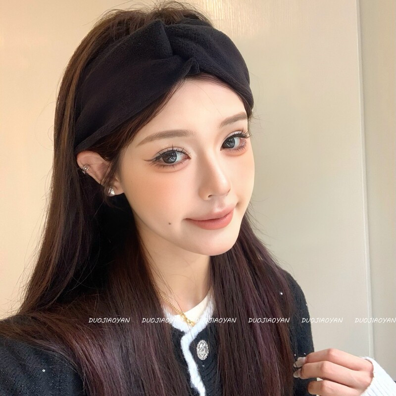 网红新款秋冬时尚纯色奥粒绒发带复古交叉防寒保暖头带发饰现货女|undefined