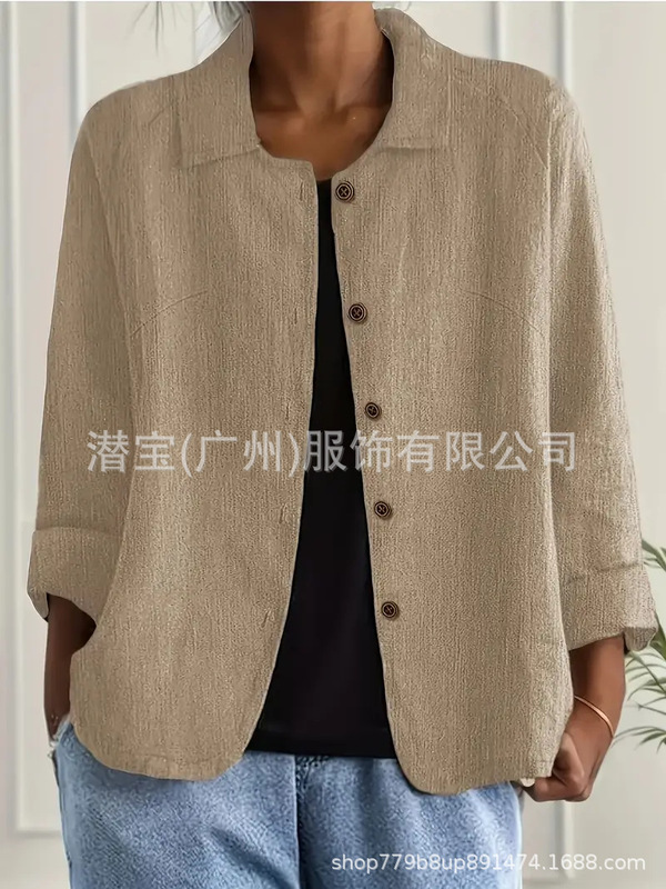 2025新款现货跨境外贸欧美女装纯棉上衣衬衣领休闲显瘦开衫外套女|undefined