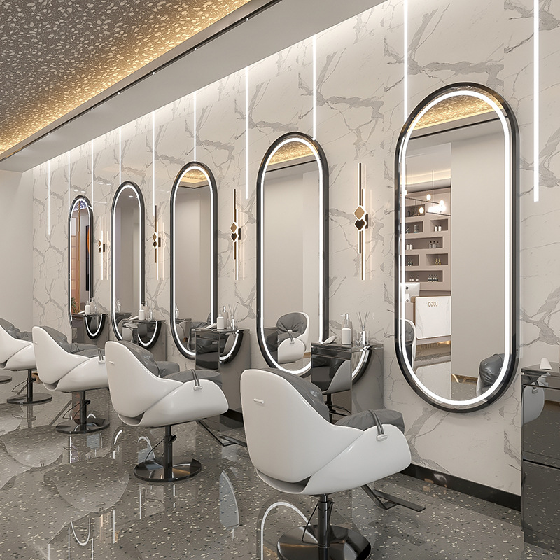 Barbería en línea tabla de espejo salón especial tipo pared simple barbería espejo de piso LED tabla de espejo de escaldado control táctil