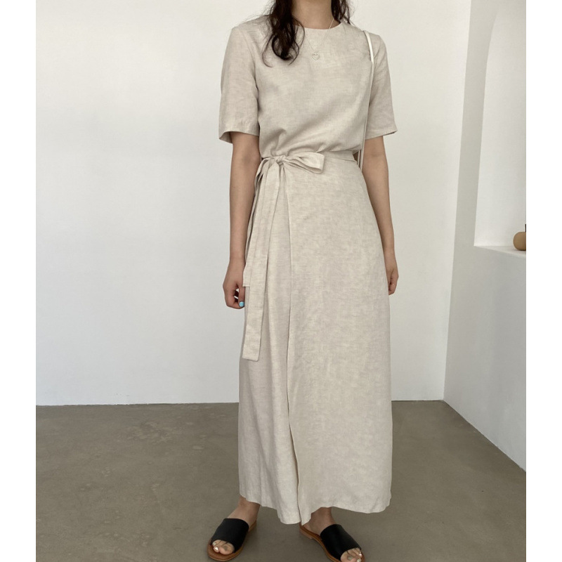 Korean Chic Summer Tie-Waist Wrap Cotton-Linen Dress