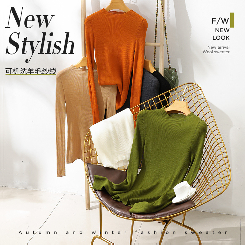 120 Count Machine Washable 100% Worsted Fine Dyed Pit Strip Small Round Neck Women's Wool Sweater Knitted Bottoming Shirt