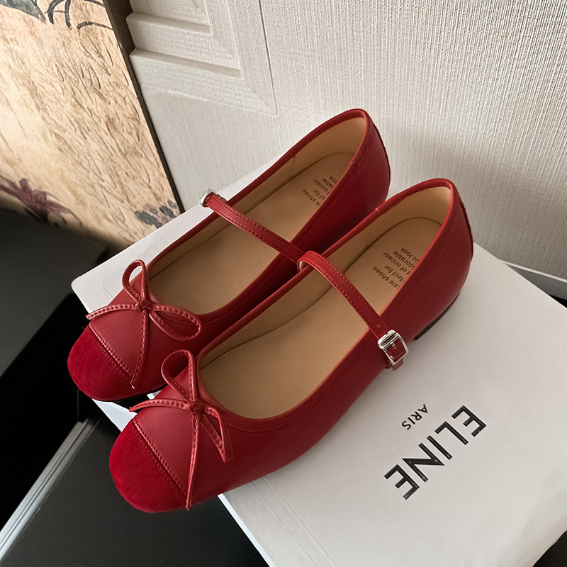 Retro Red French Ballet Shallow Flats Shoes for Women 2025 New Style with Skirt Round Toe Soft Sole Mary Jane Shoes