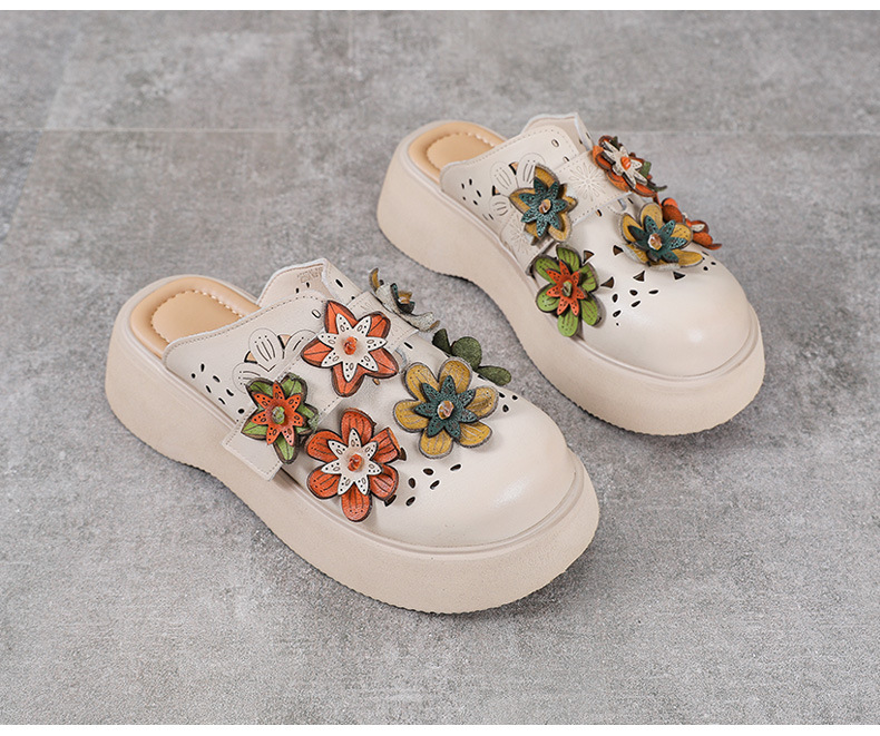 Dép sandal nữ đế dày da thật, quai chữ V đơn giản, túi hoa đi bên ngoài — Màu trắng be chi tiết 14