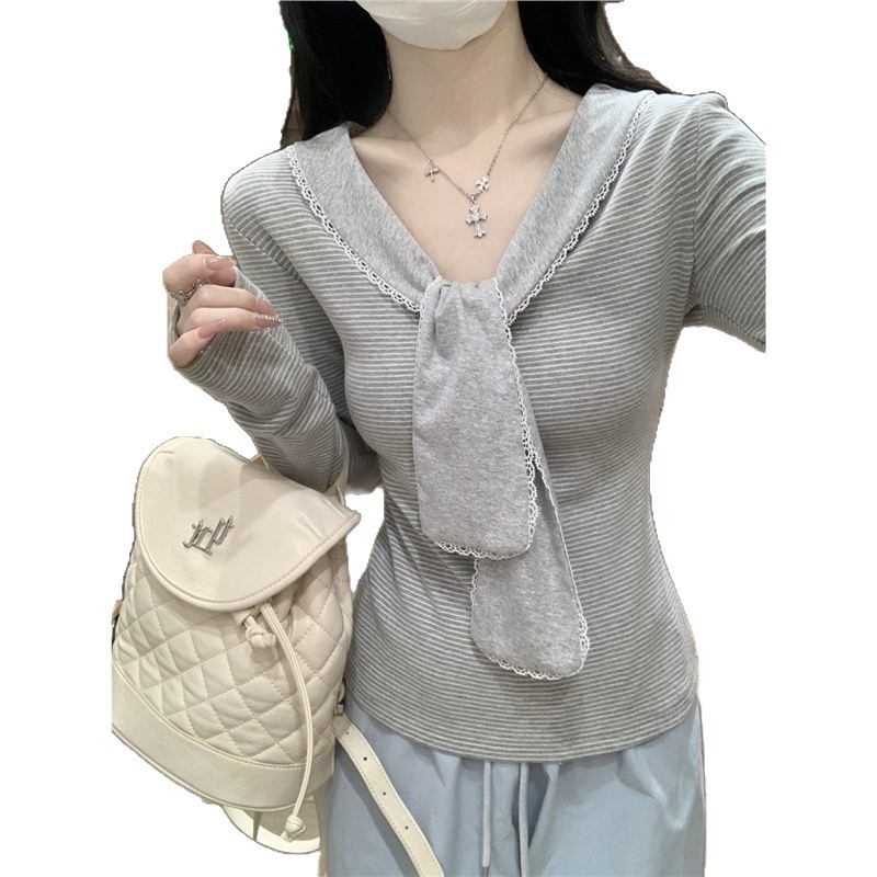 现货实拍秋季韩版纯欲海军领撞色条纹设计感纯棉长袖T恤女上衣|undefined