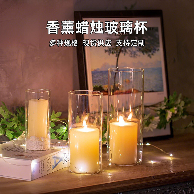 Taza de cera de bananas, vidrio transparente, taza vacía, vela transfronteriza, latas de vidrio, tres conjuntos de velas de mesa de boda, cubierta de viento