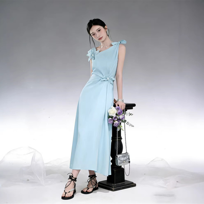 Cool and Stylish Lady: Cold Brew Blue Asymmetrical Twist Design, Elegant Waist-Cinching Sleeveless Long Dress for Women in Summer Cool and Stylish Lady: Cold Brew Blue Asymmetrical Twist Design, Elegant Waist-Cinching Sleeveless Long Dress for Women in Summer