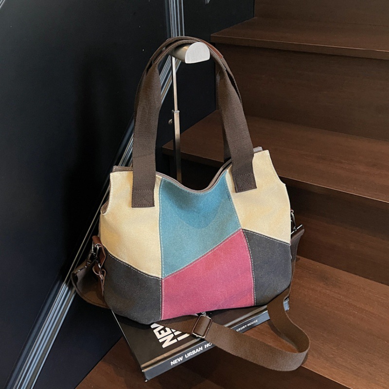 Bolso tote retro estilo de Hong Kong 2025 nuevo bolso de lona con costuras en contraste bolso de hombro bolso de mensajero de gran capacidad mujer