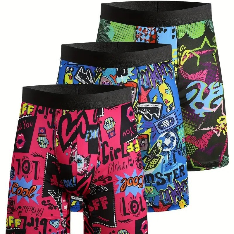 Hip Hop Fashion Graffiti 3D Digital Printing Men's Daily Casual Low Waist Comfortable Skin-Friendly Long Flat Panties