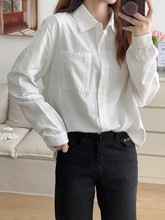 韩版新款  光板简约 大口袋 双层纱长袖衬衫女士开衫打底衫
