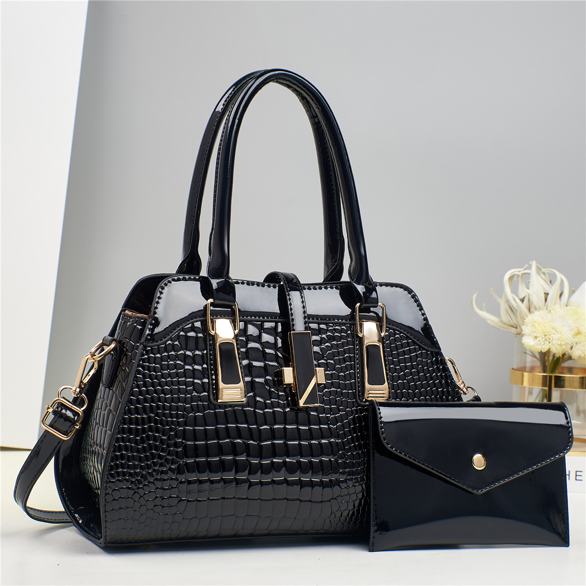 Taizhou Women's Handbag Patent Leather Top Handle Bag With Matching Pouch Crocodile Embossed Shoulder & Crossbody Bag - Thumbnail 6