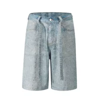 Европейские и американские cleanfit High Street стирают свободные широкие брюки с принтом джинсы дизайн полный бриллиантовый подвеска шорты