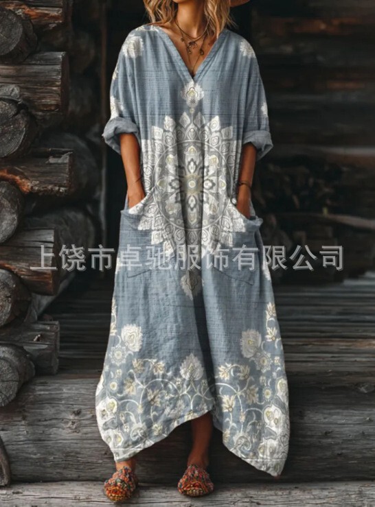 2025新款独立站女式复古花卉艺术图案印花口袋V领口袋连衣裙|undefined