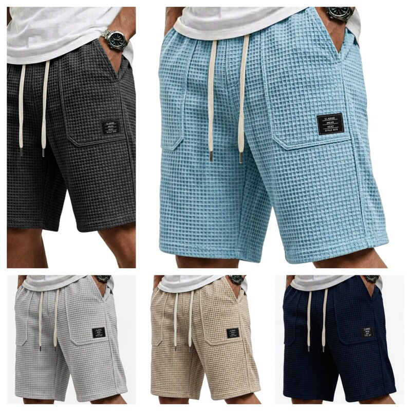 New Foreign Trade Summer Men's Casual Shorts with Drawstring Elastic Waist, Loose Beach Shorts with Pocket Tags, Five-Point Pants