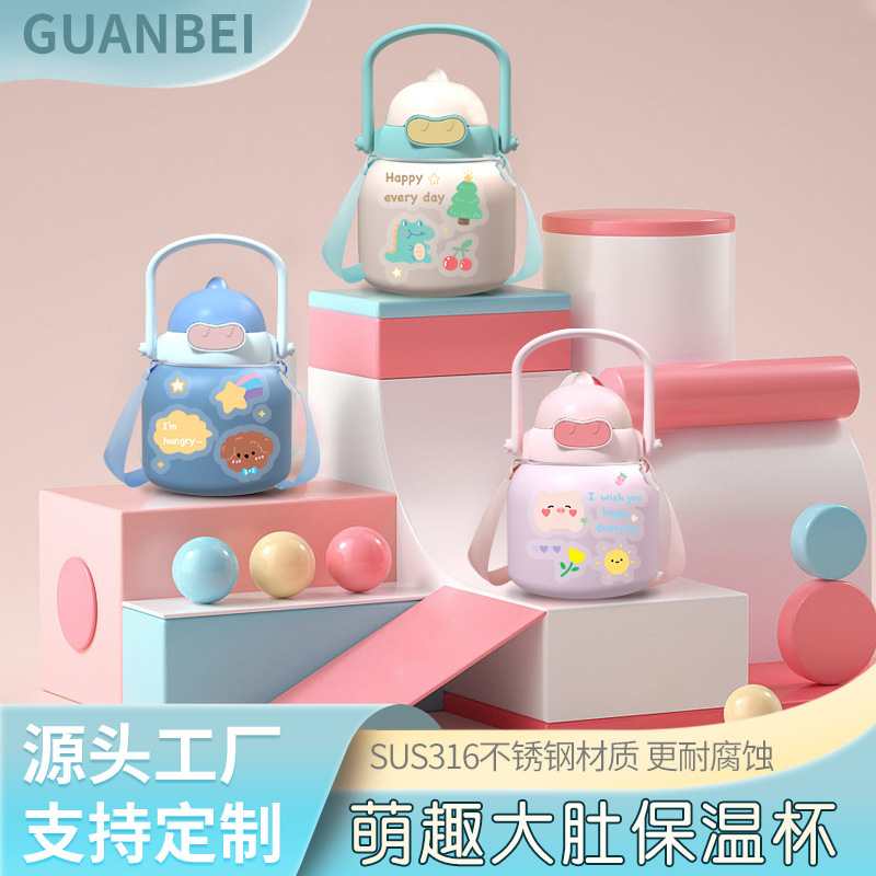 316 Stainless Steel Large-Capacity Insulated Cup for Outdoor Use, Cartoon Design for Children, with Pop-Up Straw, Portable Water Bottle for Students