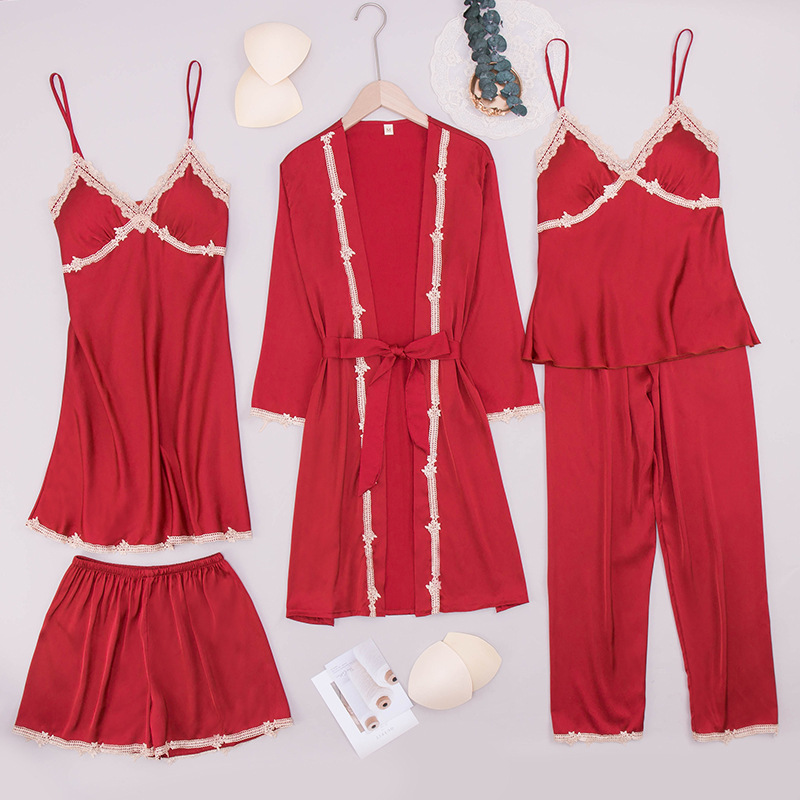 Yaoting-pijamas de gasa satinada para primavera y verano, conjunto de cinco piezas de seda helada, ropa de casa sexy informal y sencilla con almohadillas para el pecho