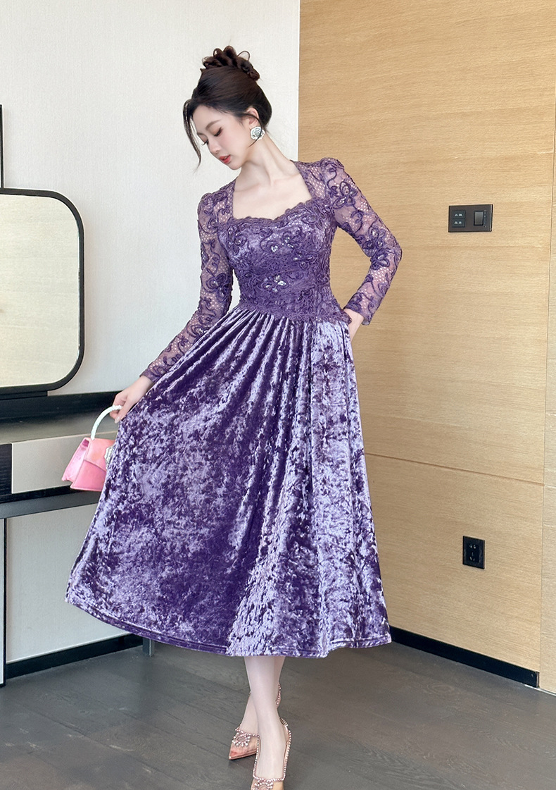 Đầm maxi nữ cổ vuông nhung thêu tay bồng thắt eo — đen chi tiết 12