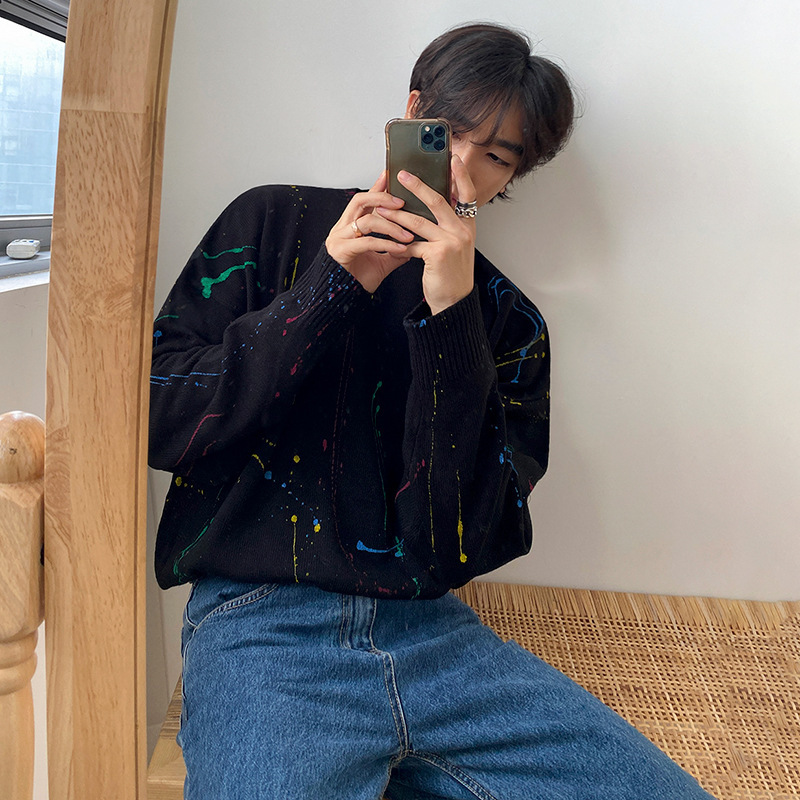 [Clearance] Men's Round Neck Sweater for Autumn Korean Loose Fashionable Design Sense Niche Graffiti Pullover Long Sleeve Knitted