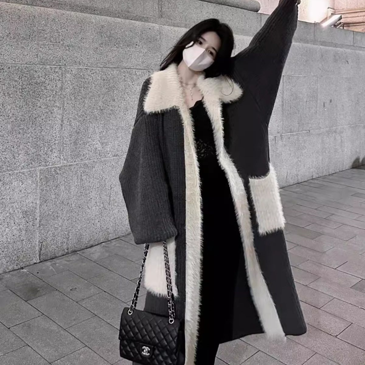 毛领过膝长款拼水貂绒毛毛感开衫毛衣秋冬宽松慵懒风外套加厚