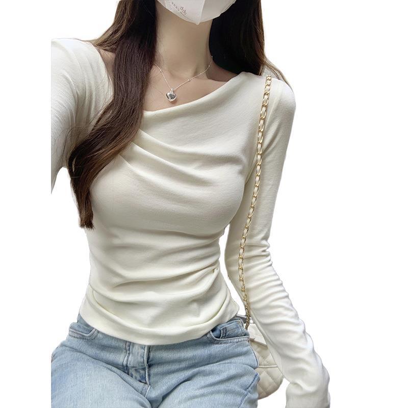 斜领不规则长袖t恤女2025秋季新款设计感掐腰显瘦打底衫内搭上衣|undefined
