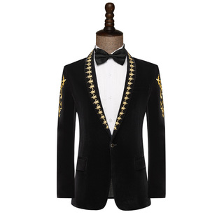 Performance Clothes Men's Singer Stage Bar Performance Host Art Test Dress Plain Black Embroidered Suit Jacket