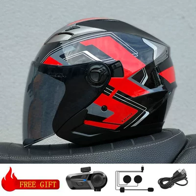 Half Helmet Motorcycle Helmet – Motosiklet kaskı (dəbilqə) - red-happy-event-brown-lenses-with-bluetooth-m57-58
