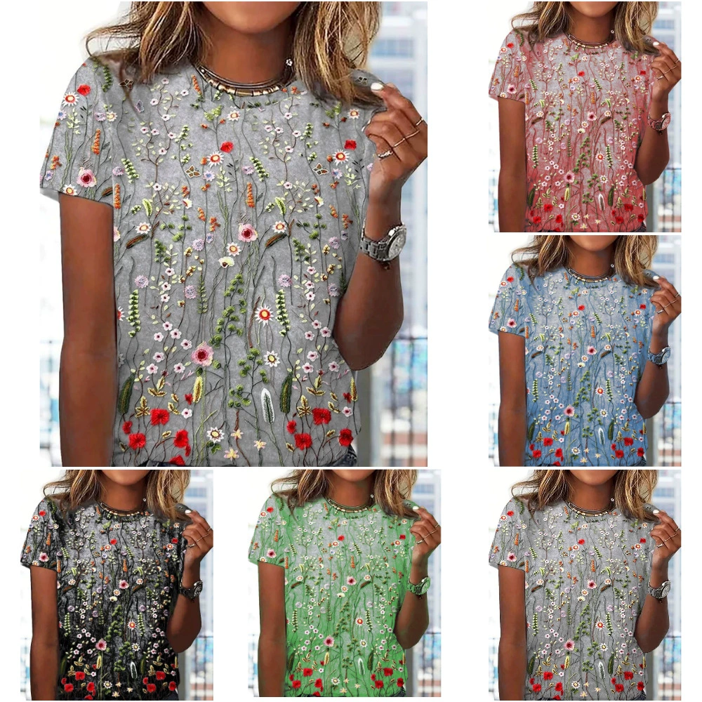 2023 Новая летняя Амазонка Европа и Америка желает трансграничных взрывов с круглым вырезом Повседневная футболка с короткими рукавами и цветочным принтом для женщин