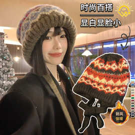 帽子女2025秋冬潮款复古包头保暖帽费尔岛风护耳堆堆帽针织毛线帽