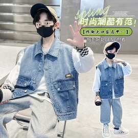 儿童装马甲两面穿男童牛仔马甲加绒秋冬款中大童男孩外套坎肩马夹