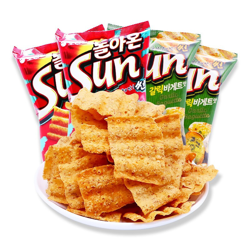 韓國進口網紅好麗友太陽玉米片 辣味 蒜香80克波浪薯片膨化零食品